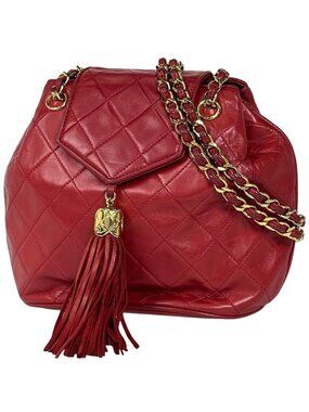Chanel CC Logo Fringe Chain Shoulder Bag Tassel Quilted Leather Red